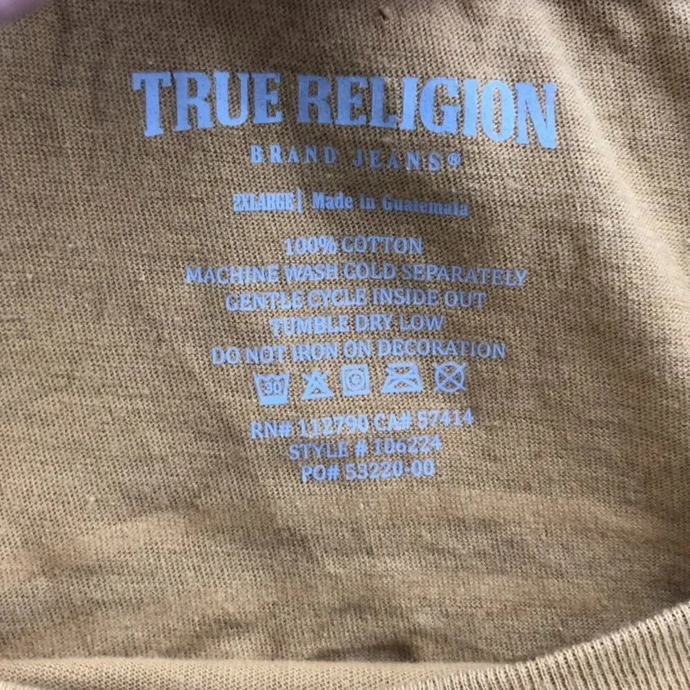 True Religion Mens T-Shirt Size 2XL Short Sleeve Yellow Graphic Tee Casual Crew